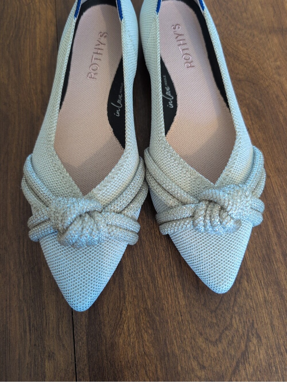 Rothy's The Knot Point Ecru Bow Metallic Diamond Ballet Flats 6.5 Minimalist - Picture 2 of 9